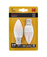 2PK KODAK LED BULB CANDLE B22 BAYONET 6W WARM WHITE