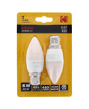 2PK KODAK LED BULB CANDLE B22 BAYONET 6W WARM WHITE