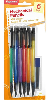 6PK MECHANICAL PENCILS W/ ERASERS & REFILLS