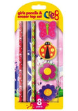 8PK CRE8 GIRLS PENCILS ERASER TOP SET