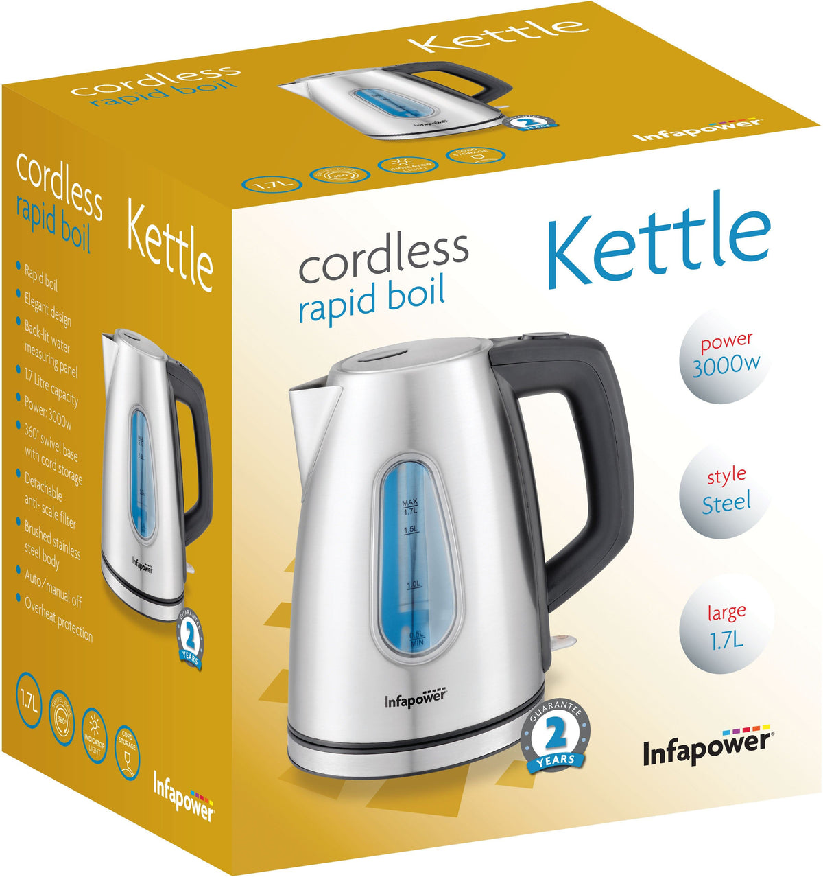 Infapower 3000W 1.8L Rapid Boil Cordless S/Steel Kettle