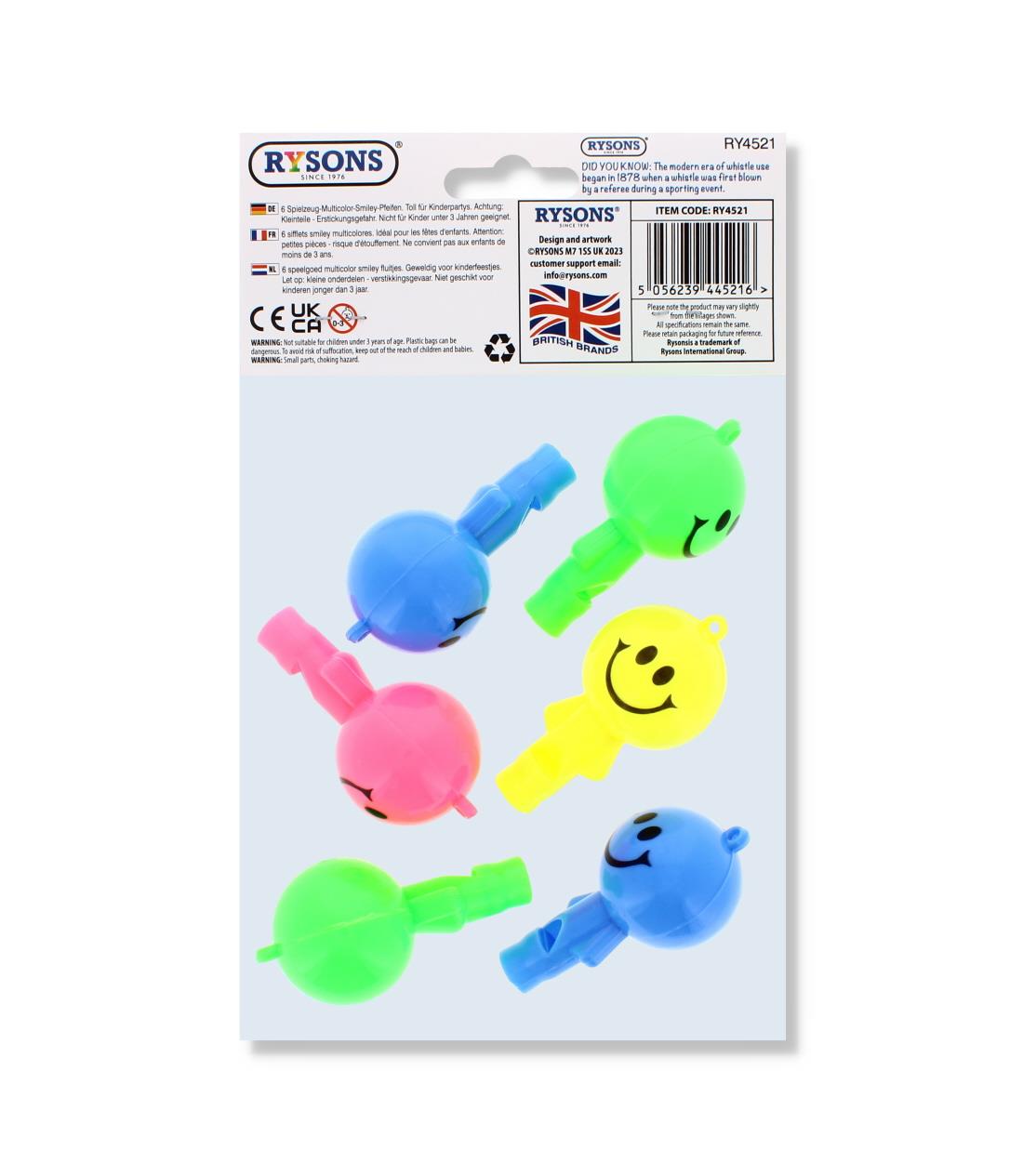 RYSONS 6PK NOVELTY SMILEY WHISTLES