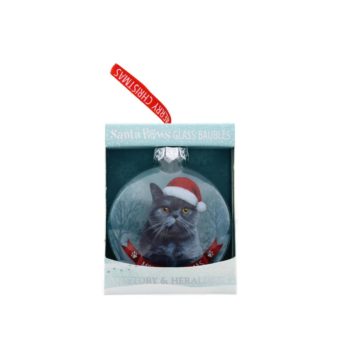 Santa Paws Glass Bauble Grey Cat