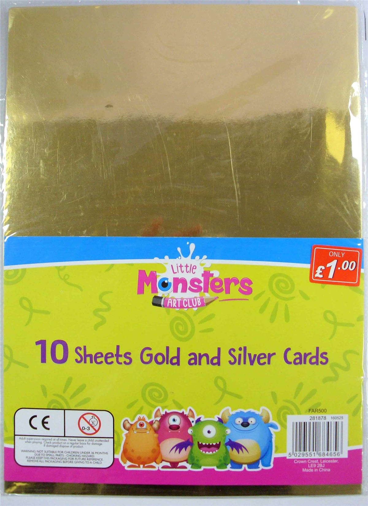 LITTLE MONSTERS-10 SHEETS GOLD & SILVER CARDS