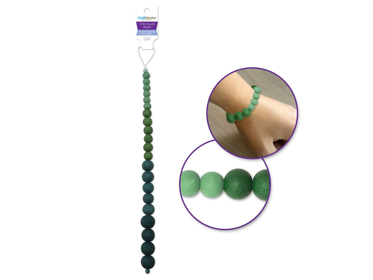 DYED GLASS BEADS 18 CM STRAND GREENS