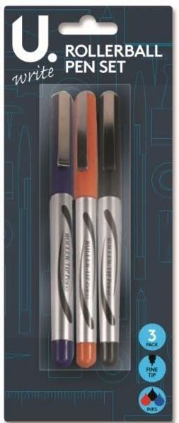 3PK ASSORTED FINE TIP ROLLER BALL PEN SET