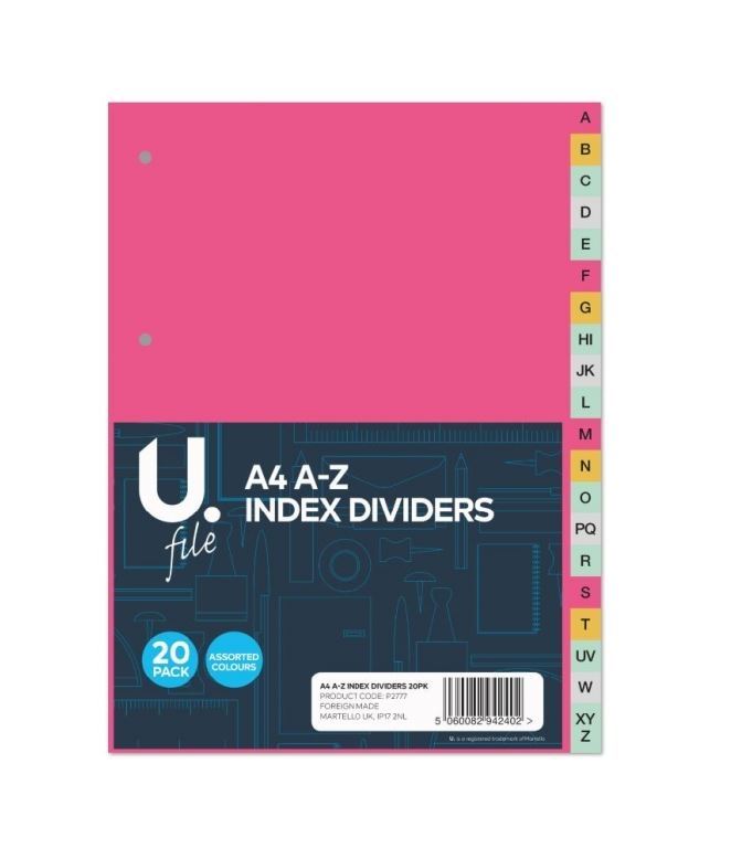 U FILE ASSORTED A4 AZ INDEX DIVIDERS PK 20