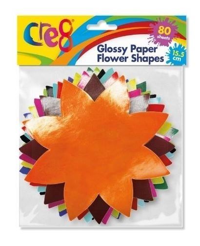 80PK ASSORTED GLOSSY PAPER FLOWER SHAPES 15.5CM