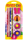 8PK CRE8 GIRLS PENCILS ERASER TOP SET