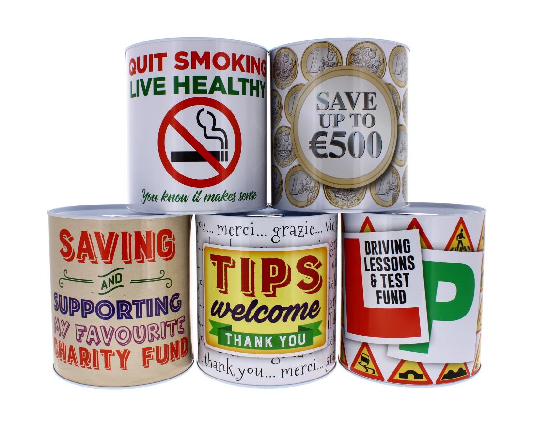 ASSORTED XL MONEY TINS -CASH IN