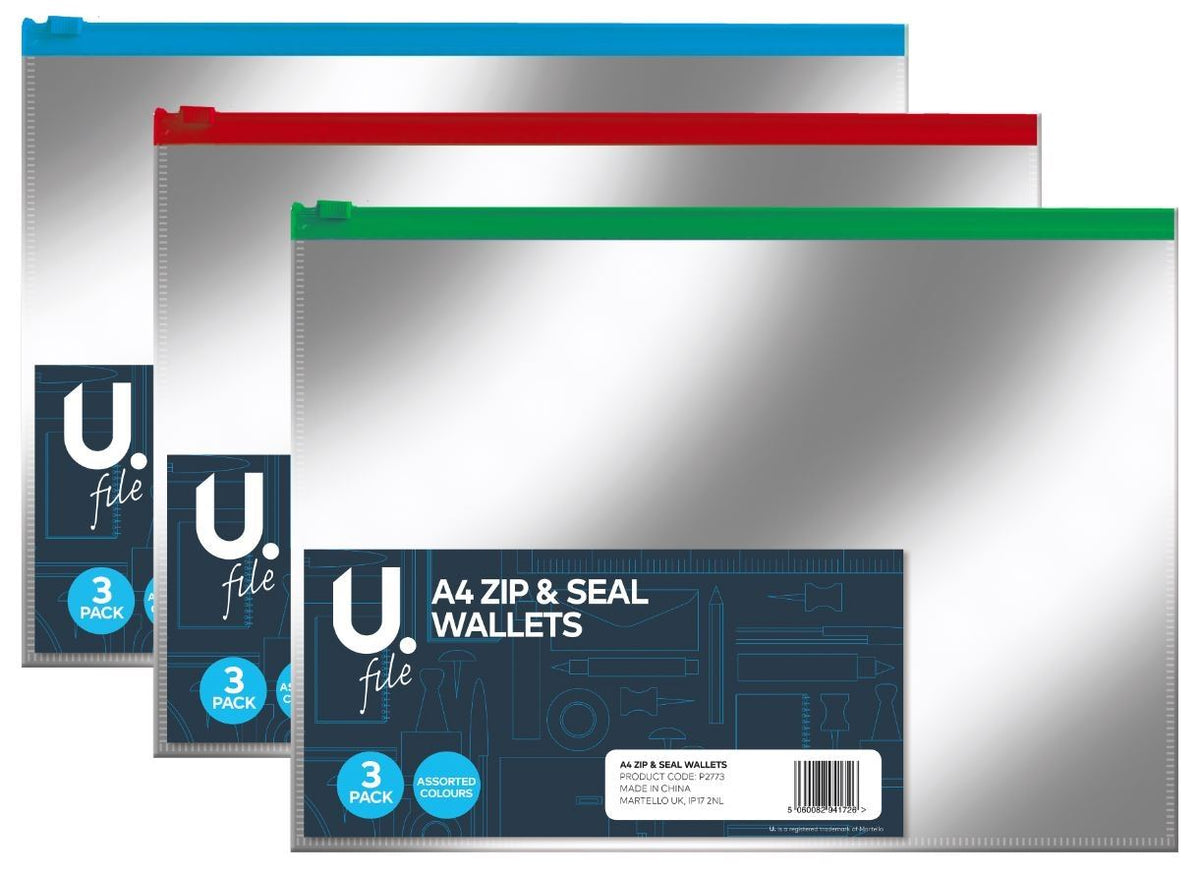 3PK ASSORTED A4 ZIP & SEAL WALLETS