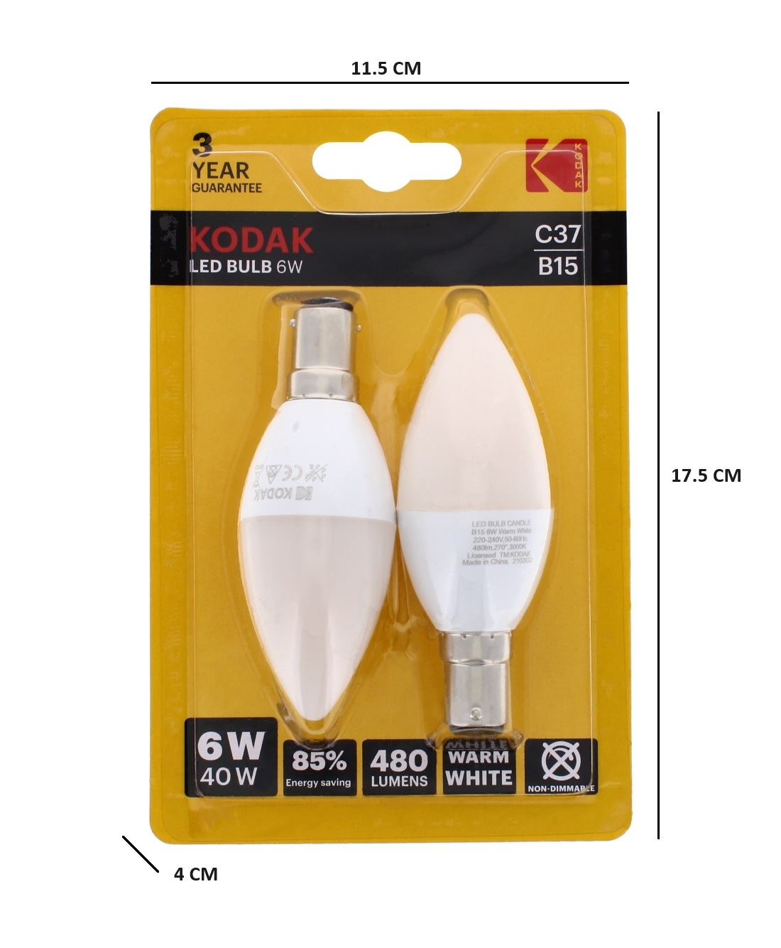 2PK KODAK LED BULB CANDLE B15 BAYONET 6W WARM WHITE