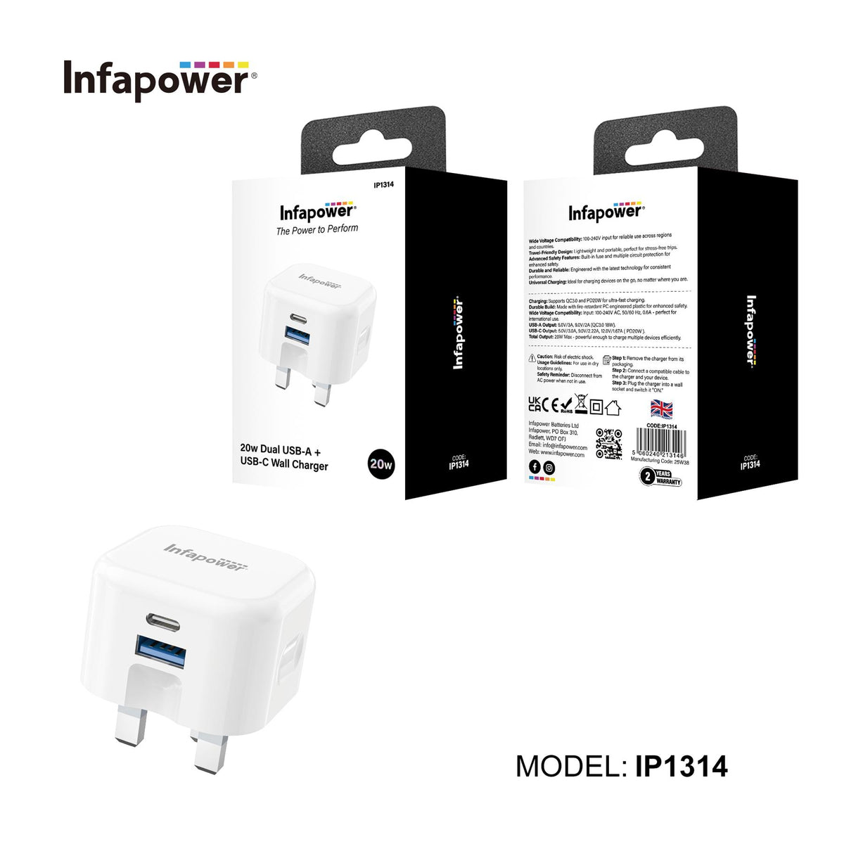 Infapower 20W Dual Port Wall Charger – USB-A & USB-C Fast Charging Plug