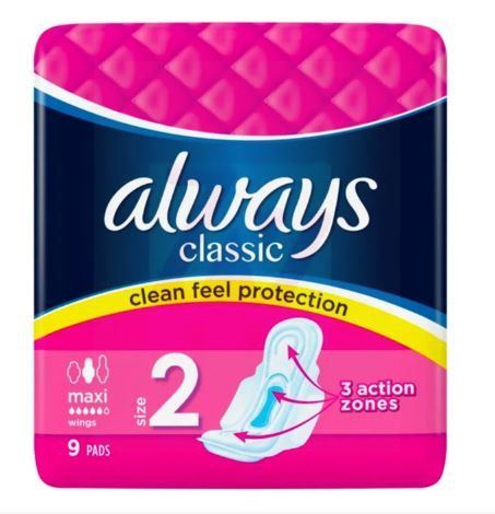 ALWAYS CLASSIC MAXI SANITARY PADS W/WINGS 9PK