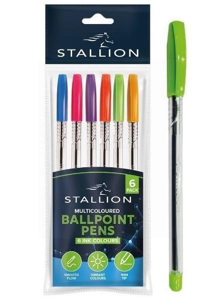 6PK ASSORTED STALLION MULTICOLOURED BALLPOINT PENS