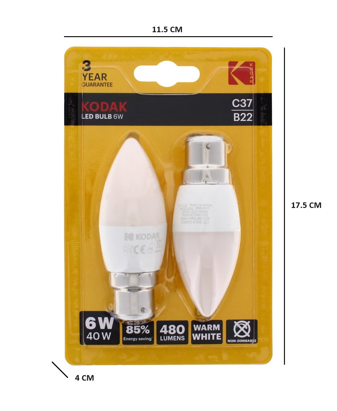 2PK KODAK LED BULB CANDLE B22 BAYONET 6W WARM WHITE
