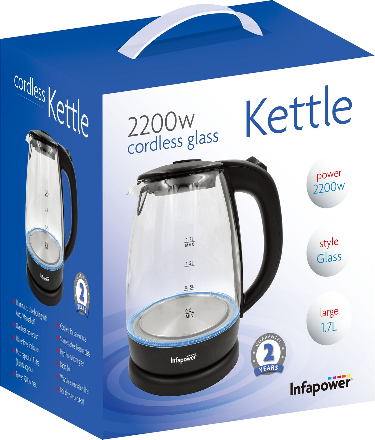 Infapower 2200W Glass Cordless Kettle