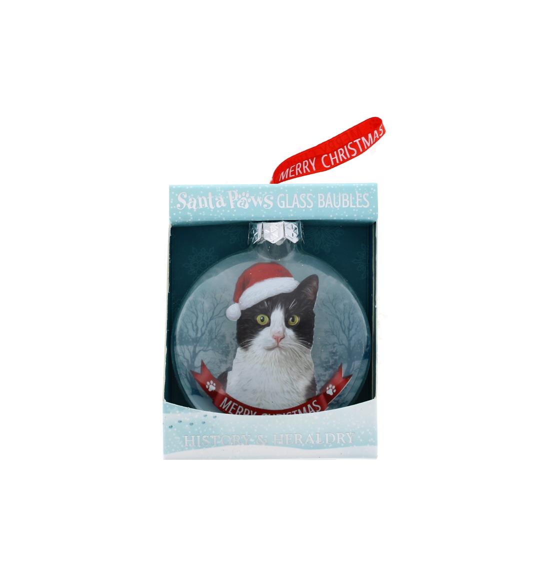 Santa Paws Glass Bauble Tuxedo Cat