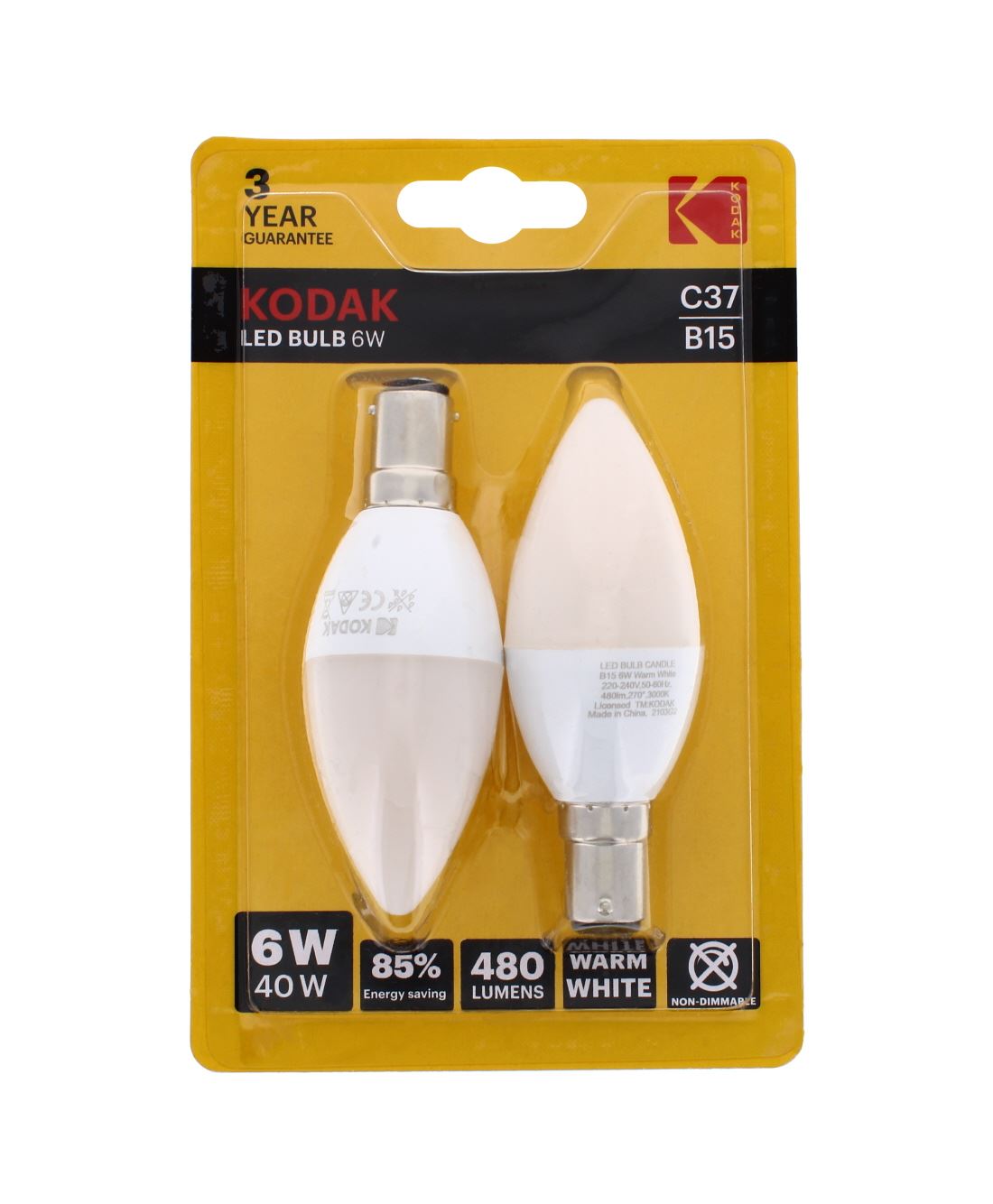 2PK KODAK LED BULB CANDLE B15 BAYONET 6W WARM WHITE