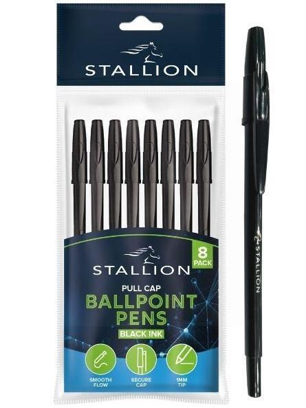 8PK STALLION PULL CAP BALLPOINT PENS BLACK INK