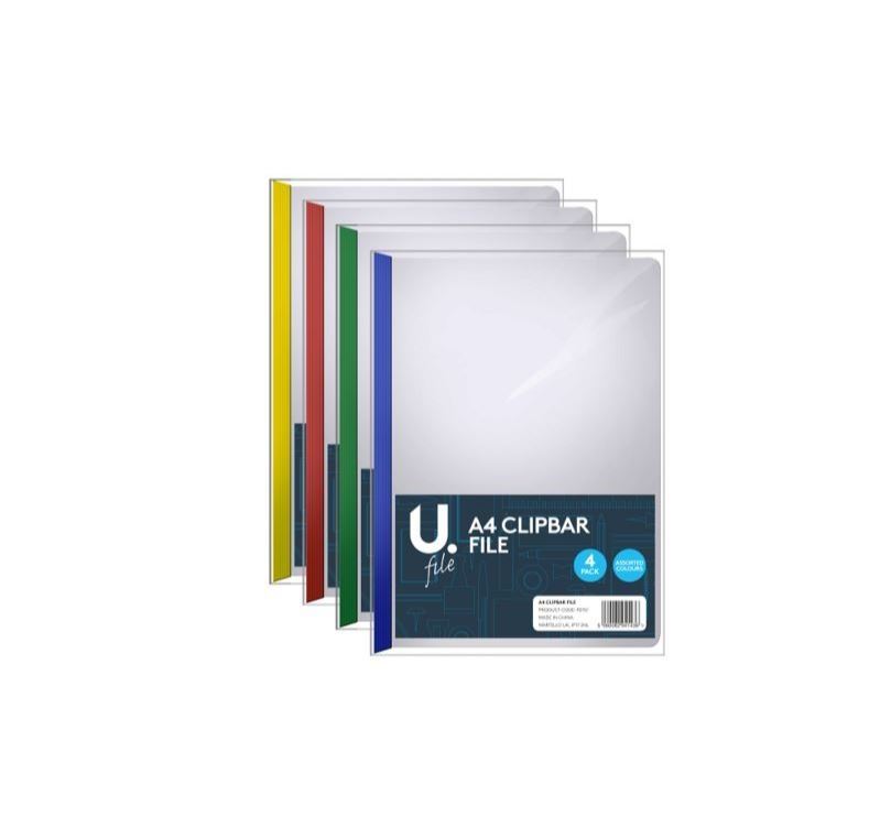 4PK ASSORTED A4 CLIPBAR FOLDER FILE