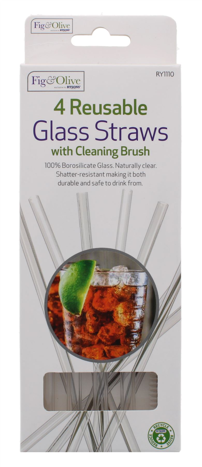 4PK REUSABLE GLASS STRAWS W/CLEANING BRUSH